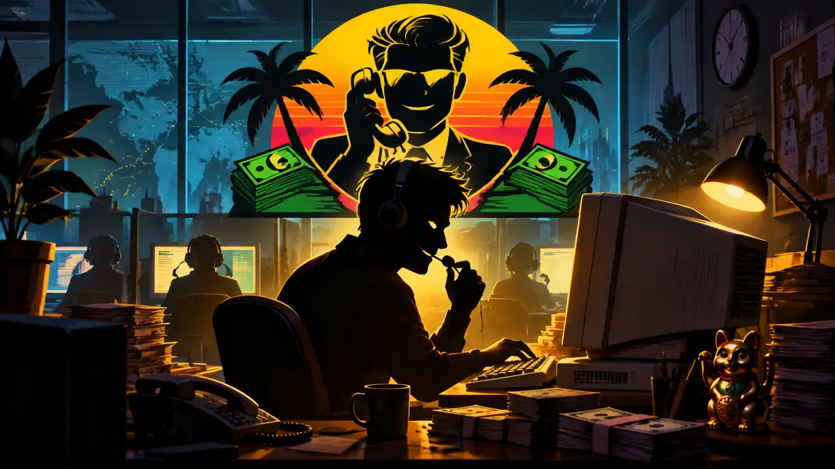 Постер Scam With Your Friends: мошенник в гарнитуре у ретро-компьютера в офисе колл-центра, логотип игры