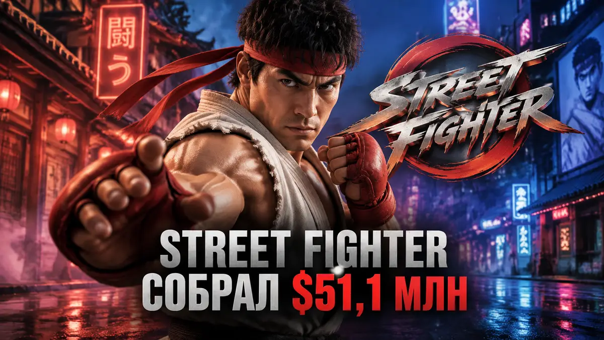 Рю из Street Fighter в боевой стойке на фоне неоновой улицы и логотипа фильма Street Fighter