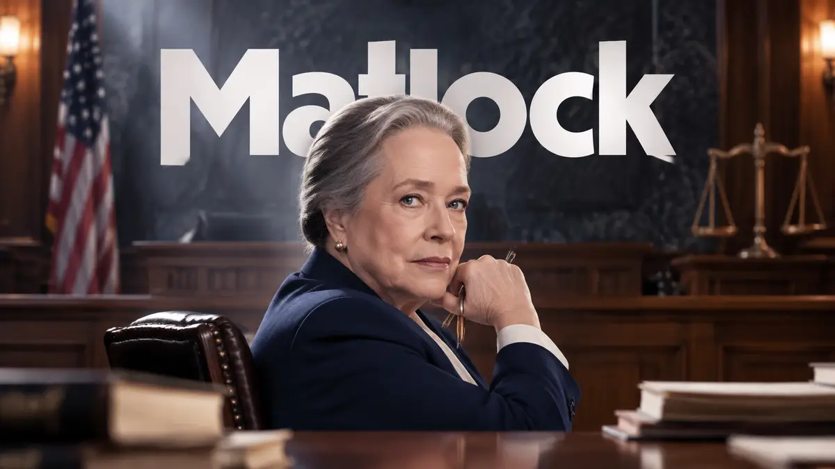 Кэти Бейтс в роли Мэдлин Мэтлок в зале суда, постер сериала «Мэтлок» в фирменном стиле CBS