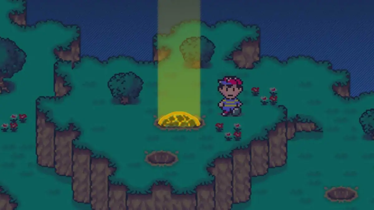 Earthbound screenshot of ness investigating a fallen meteor at night