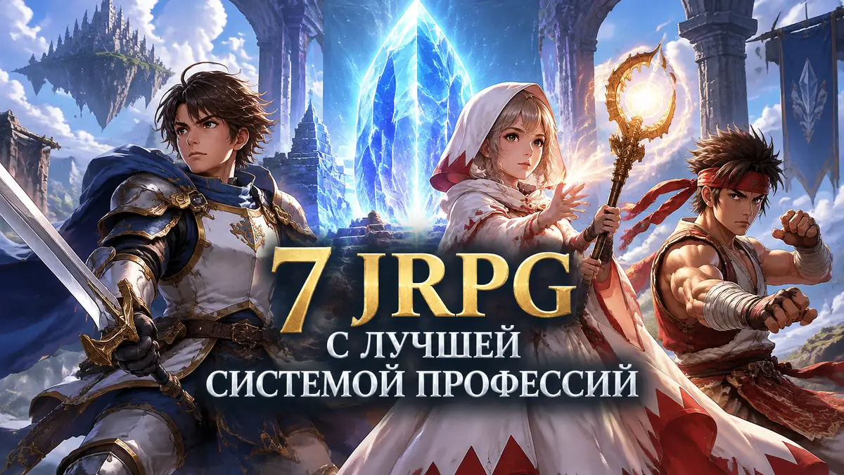 Герои JRPG разных профессий — рыцарь, белый маг и монах — у сияющего кристалла в стиле Final Fantasy