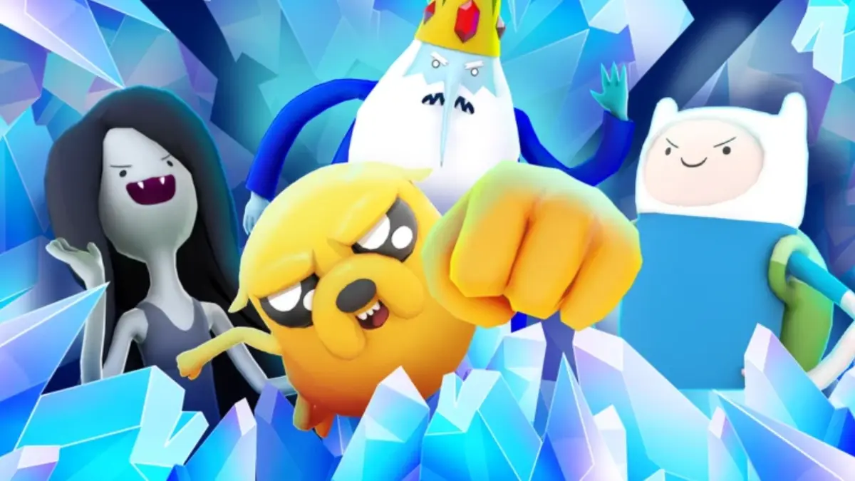 Artwork for the Roblox game Adventure Time RPG showing Finn, Jake, Marceline and the Ice King.