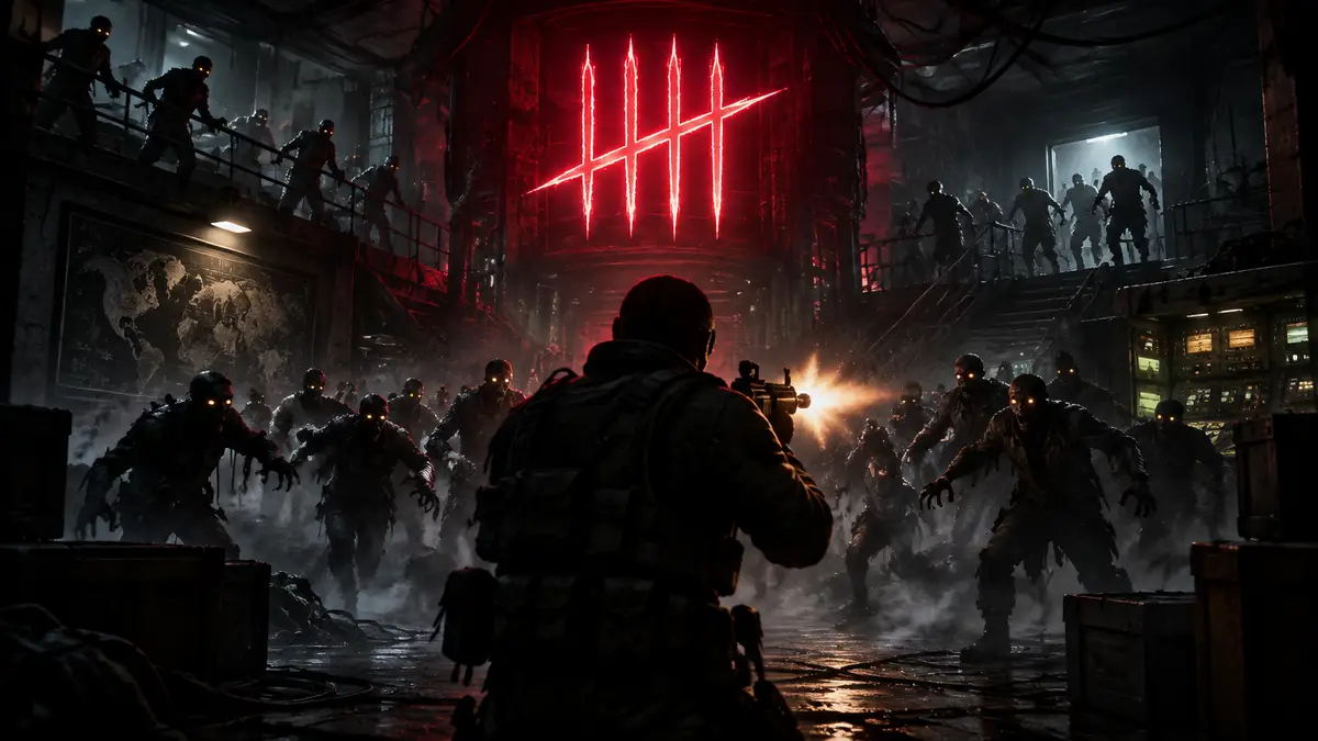 Орда зомби надвигается на героя Call of Duty: Black Ops в мрачном бункере, логотип Zombies в неоне