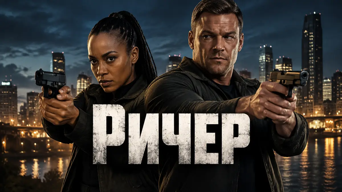 Нигли и детектив Райли стоят плечом к плечу с оружием в руках на фоне ночного города, постер спин-оффа «Ричер»