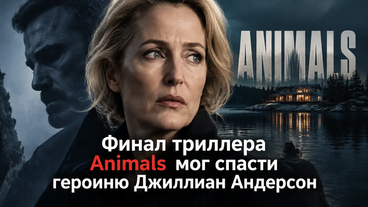 Джиллиан Андерсон крупным планом на фоне постера мрачного триллера Animals