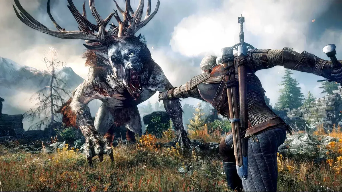 Geralt fighting in grassy plain
