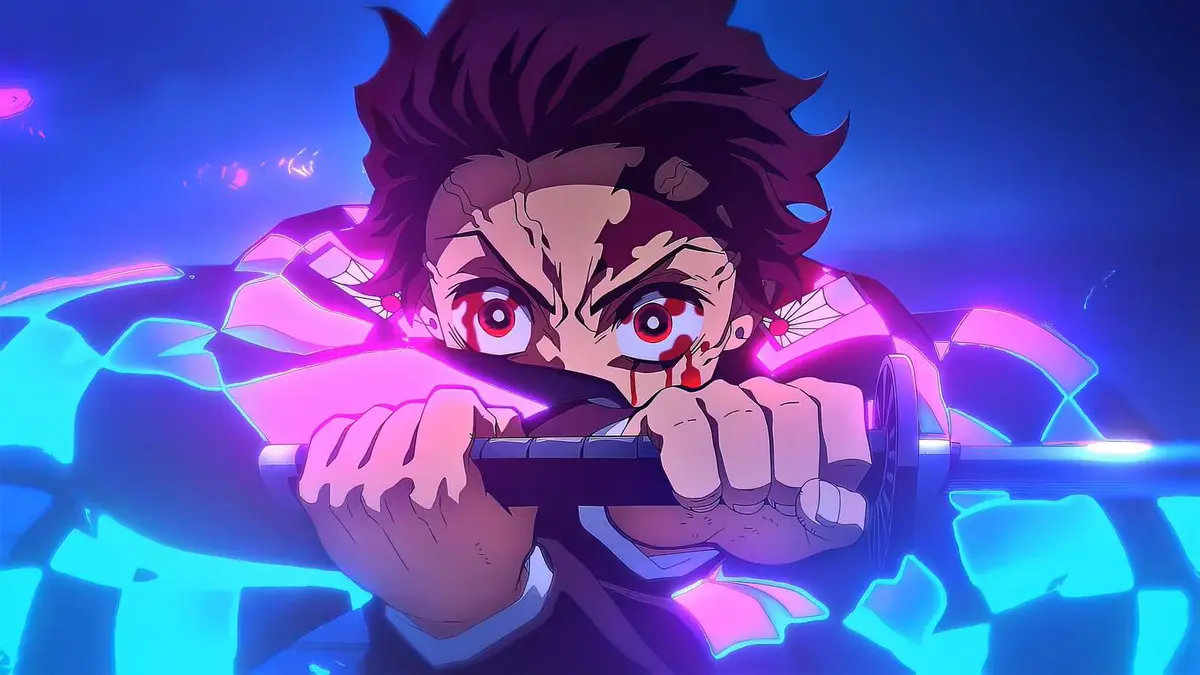 Tanjiro Kamado holds his nichirin blade at the ready in Demon Slayer.