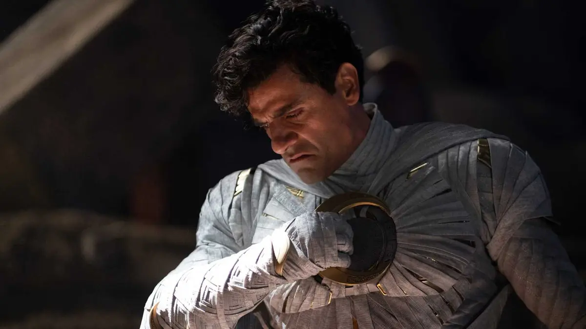 Oscar Isaac looking serious in costume in Moon Knight