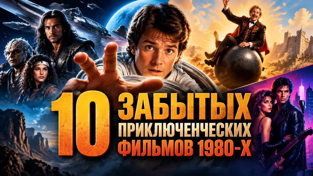 Коллаж-постер забытых приключенческих фильмов 1980-х: космические пираты, барон на ядре, неон