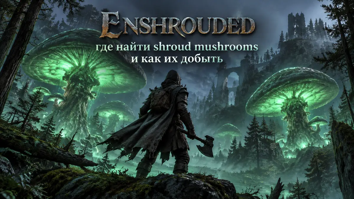 Гигантские светящиеся зелёным грибы shroud mushrooms в туманном лесу Revelwood в стиле Enshrouded
