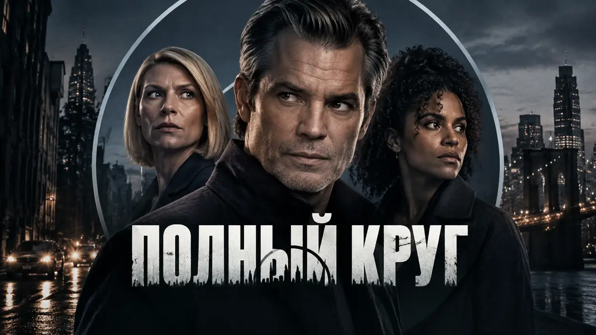 Тимоти Олифант в центре постера сериала «Полный круг» HBO, за ним Клэр Дэйнс и Зази Битц в мрачном городе
