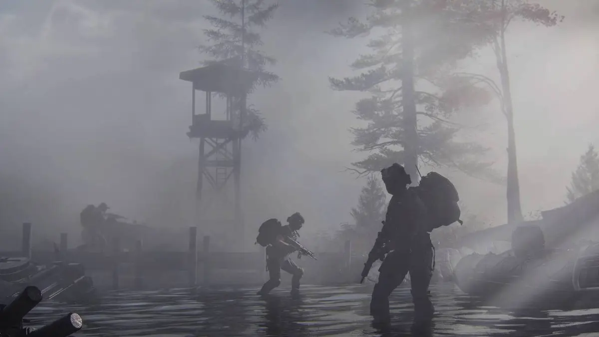 Three soldiers in the fog in DMZ in Modern Warfare 4.