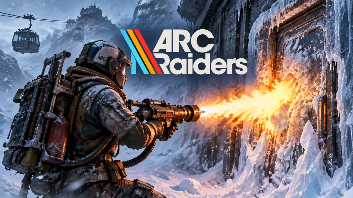 Рейдер ARC Raiders с огнемётом растапливает ледяную дверь здания в метель, Frozen Doors на перевале