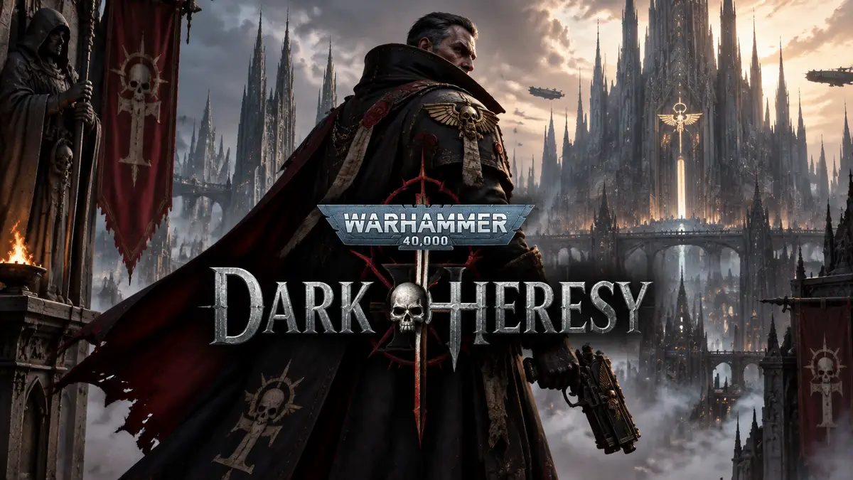 Инквизитор в плаще на фоне готических Шпилей города-улья над смогом, key art Warhammer 40,000: Dark Heresy