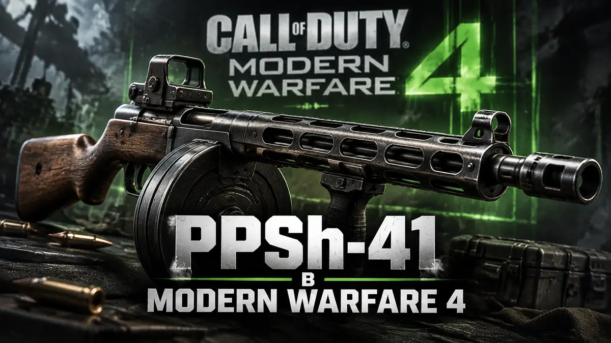 Пистолет-пулемёт PPSh-41 с модулями крупным планом на фоне логотипа Call of Duty Modern Warfare 4