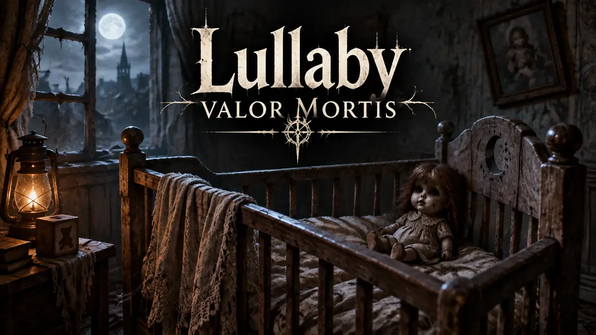 Пустая детская кроватка в заброшенном доме деревни Valor Mortis, рядом старая кукла, мрачный свет