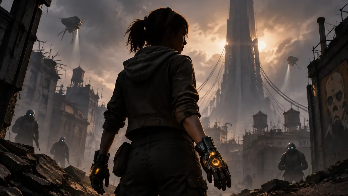 Аликс Вэнс в перчатках из Half-Life: Alyx на фоне Сити-17 в стиле постера игры