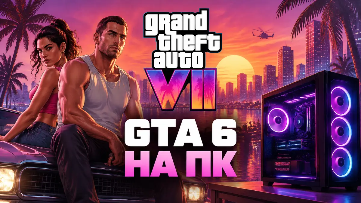 Неоновый закат над городом в стиле GTA 6, логотип Grand Theft Auto 6 и игровой ПК на переднем плане