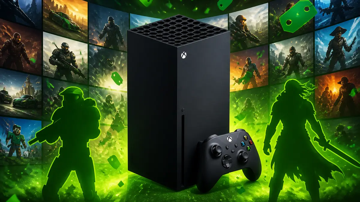 Консоль Xbox Series X на фоне баннеров скидок и распродаж