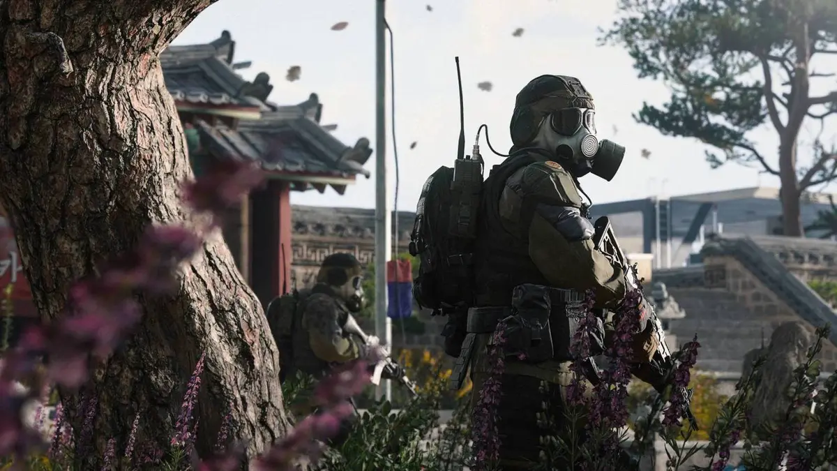 A soldier in DMZ with a gas mask.