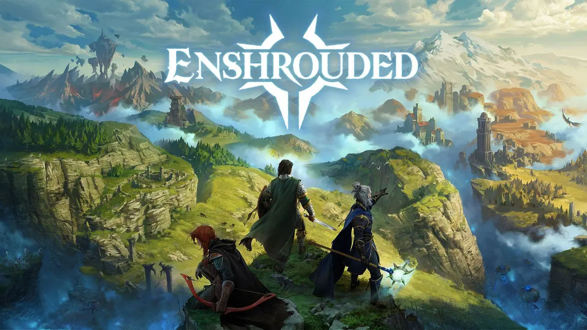 Three fantasy adventurers looking out over a massive landscape in key art for Enshrouded.