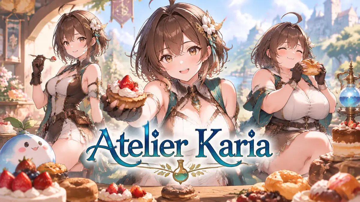 Алхимик Кария из Atelier Karia в трёх вариантах фигуры среди сладостей и угощений в пастельном стиле