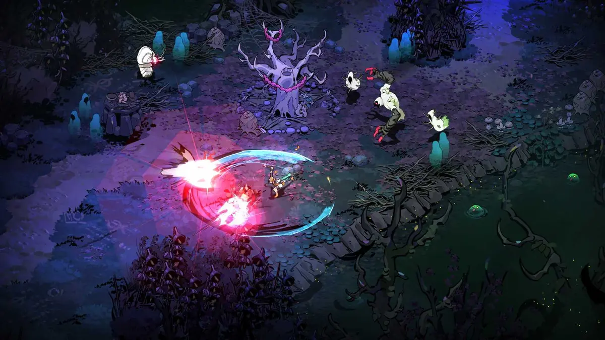 Combat in a spooky purple forest in Hades 2