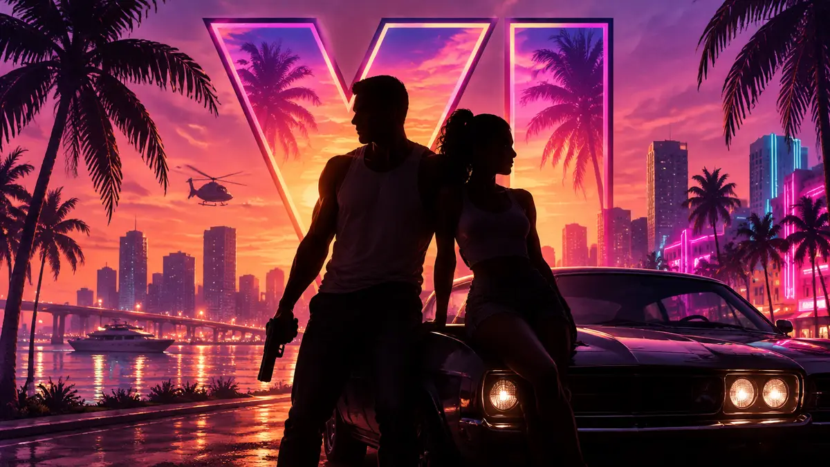 Джейсон и Лусия из GTA VI на фоне неонового Vice City на закате, пальмы и логотип Grand Theft Auto VI
