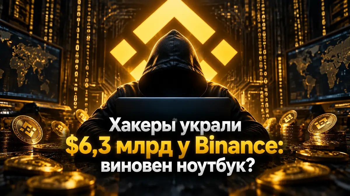 Светящийся золотой логотип биржи Binance на фоне темных цифровых плат и потоков данных